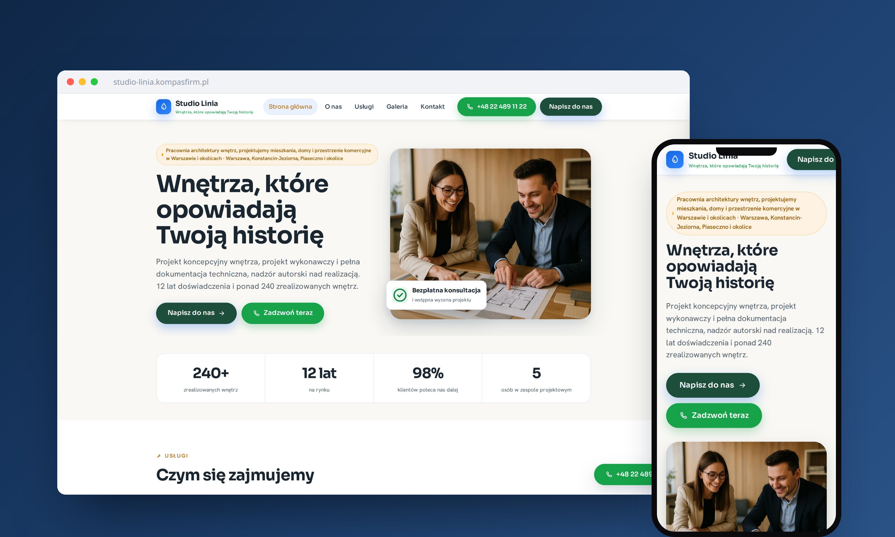 Gotowa wizytówka firmowa na desktopie i telefonie, przykład ze Studio Linia